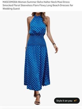 Blue Polka Dot Halter Maxi Dress